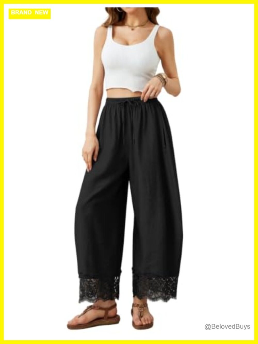 IWH Women Cropped Lace Trim Pants Wide Leg Barrel Silk Bottom Petite Length